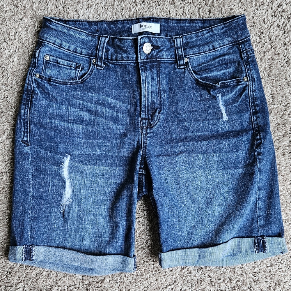 Kensie Medium Blue Distressed Jean Shorts with Cuffed Hems size 2 - Picture 1 of 3